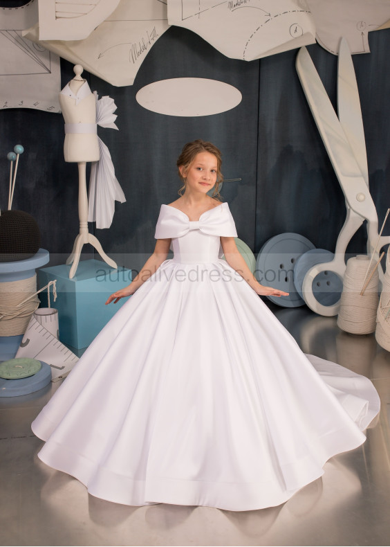 Off Shoulder White Satin Gorgeous Flower Girl Dress